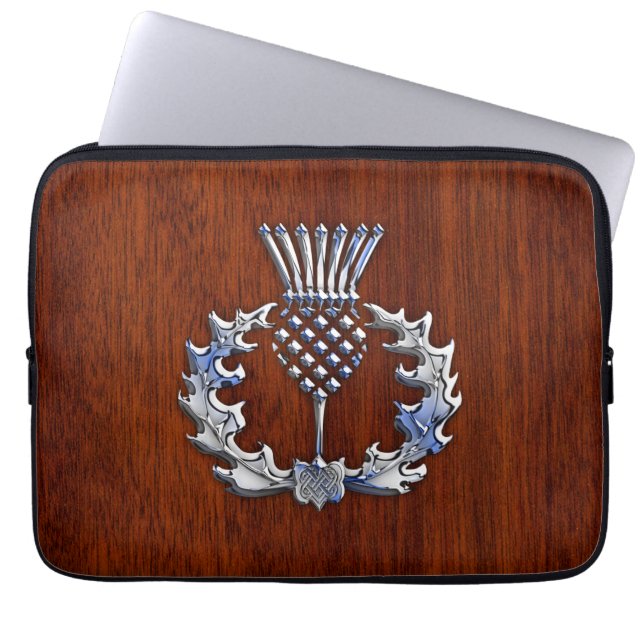 Chrome en Mahogany Wood Scottish Thistle Print Laptop Sleeve (Voorkant)