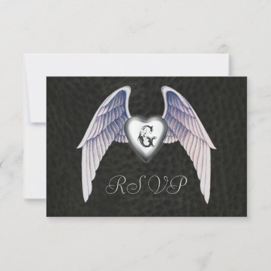 Chrome & Faux Leather Winged Heart RSVP Uitnodigin (Voorkant)