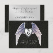 Chrome & Faux Leather Winged Heart RSVP Uitnodigin (Voorkant / Achterkant)