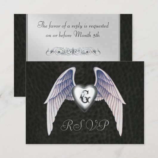 Chrome & Faux Leather Winged Heart RSVP Uitnodigin (Voorkant / Achterkant)
