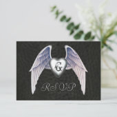 Chrome & Faux Leather Winged Heart RSVP Uitnodigin Kaartje (Staand voorkant)