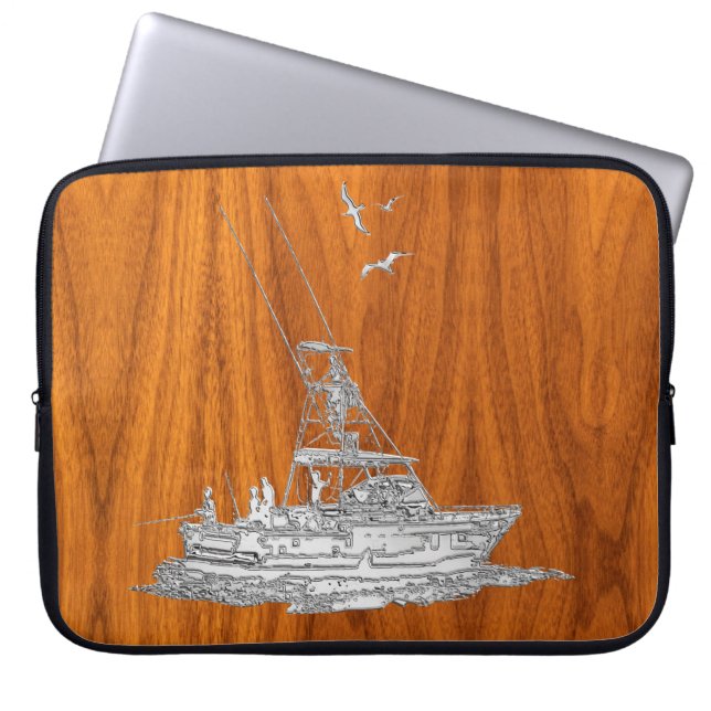 Chrome Fishing Boat on Teak Wood Grain Decor Laptop Sleeve (Voorkant)