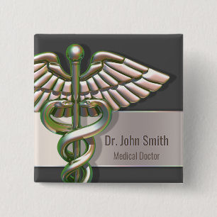 Chrome Holographic 3D Medical Caduceus Vierkante Button 5,1 Cm
