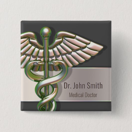 Chrome Holographic 3D Medical Caduceus Vierkante Button 5,1 Cm (Voorkant)