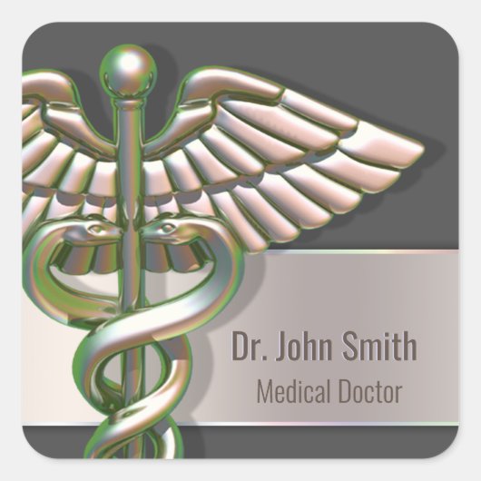Chrome Holographic 3D Medical Caduceus Vierkante Sticker (Voorkant)