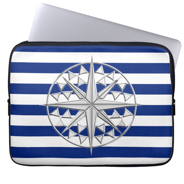 Chrome kompas op Nautical Stripes Laptop Sleeve (Voorkant)