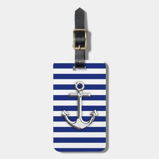 Chrome like Anchor Design on Navy Stripes Bagagelabel (Voorkant verticaal)