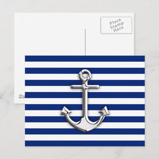 Chrome like Anchor Design on Navy Stripes Briefkaart (Voorkant / Achterkant)