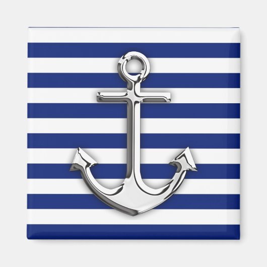 Chrome like Anchor Design on Navy Stripes Magneet (Voorkant)