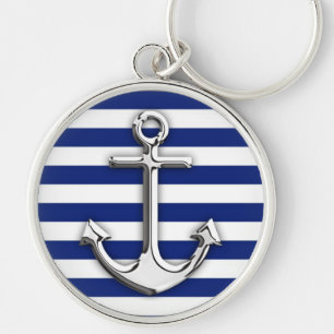 Chrome like Anchor Design on Navy Stripes Sleutelhanger