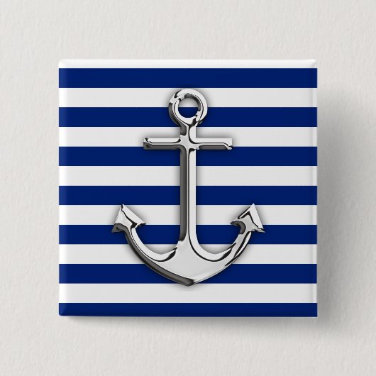 Chrome like Anchor Design on Navy Stripes Vierkante Button 5,1 Cm (Voorkant)