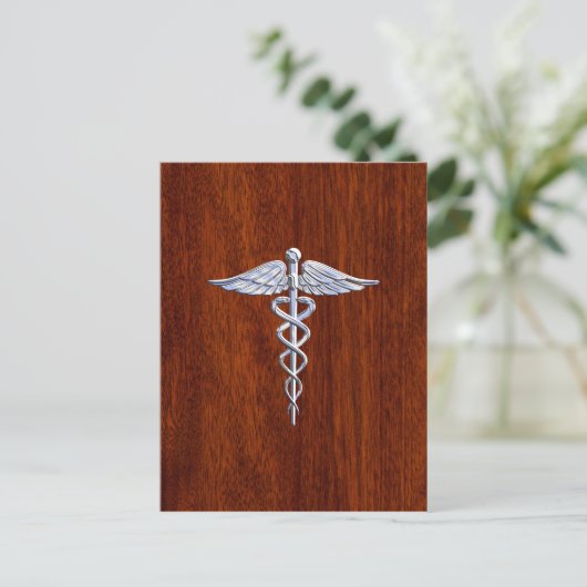 Chrome like Caduceus Medical Symbol Mahogany Brown Briefkaart (Staand voorkant)