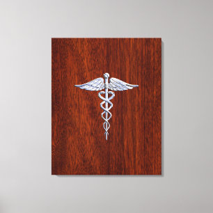 Chrome like Caduceus Medical Symbol Mahogany Brown Canvas Afdruk