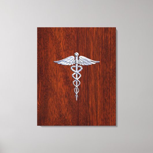 Chrome like Caduceus Medical Symbol Mahogany Brown Canvas Afdruk (Voorkant)