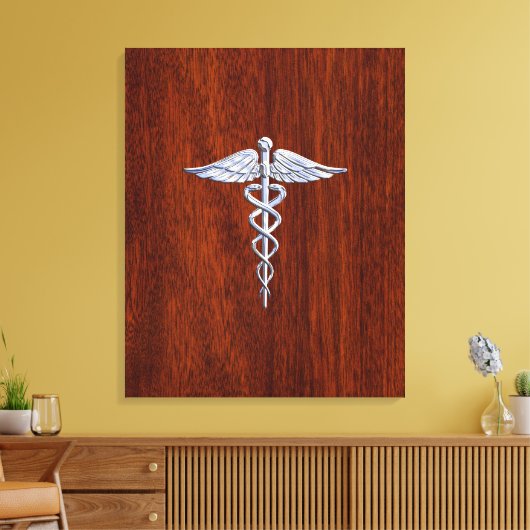 Chrome like Caduceus Medical Symbol Mahogany Brown Canvas Afdruk (Insitu (Woonkamer))