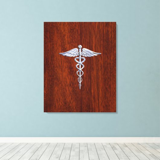 Chrome like Caduceus Medical Symbol Mahogany Brown Canvas Afdruk (Insitu (Houten vloer))