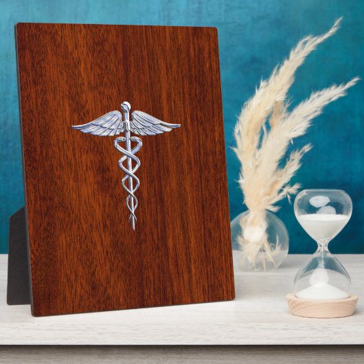 Chrome like Caduceus Medical Symbol Mahogany Brown Fotoplaat (Zijkant)