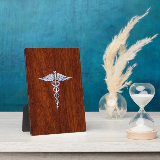 Chrome like Caduceus Medical Symbol Mahogany Brown Fotoplaat (Zijkant)