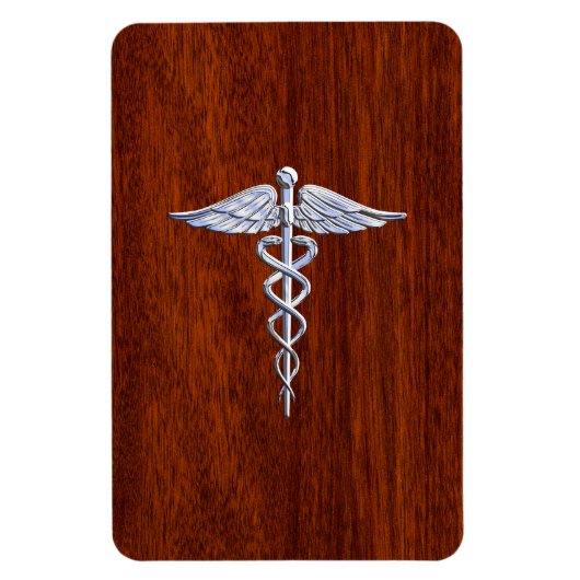 Chrome like Caduceus Medical Symbol Mahogany Brown Magneet (Verticaal)