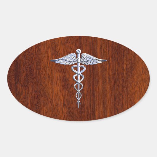 Chrome like Caduceus Medical Symbol Mahogany Brown Ovale Sticker (Voorkant)