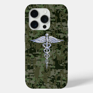 Chrome like Caduceus Symbol on Green Camouflage iPhone 15 Pro Case