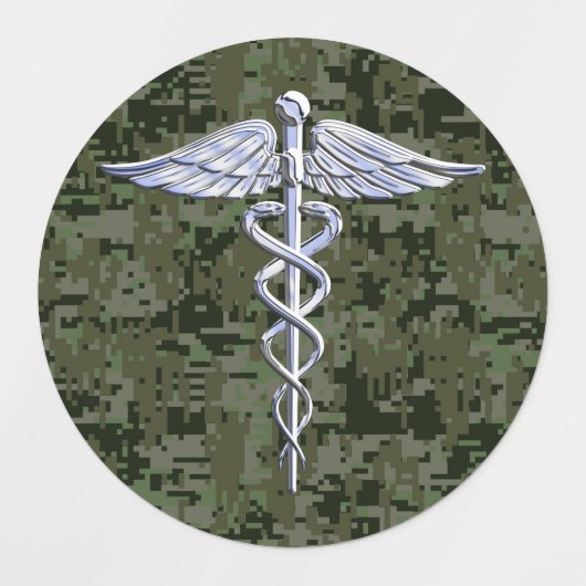 Chrome like Caduceus Symbol on Green Camouflage Labels (Design 2)