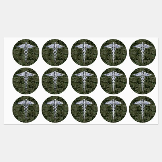 Chrome like Caduceus Symbol on Green Camouflage Labels (Vel)