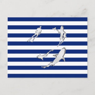 Chrome Like Diver and Sharks on Nautical Stripes Briefkaart
