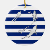 Chrome Like Diver and Sharks on Nautical Stripes Keramisch Ornament (Voorkant)