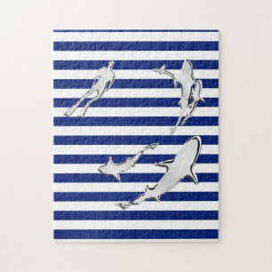 Chrome Like Diver and Sharks on Nautical Stripes Legpuzzel