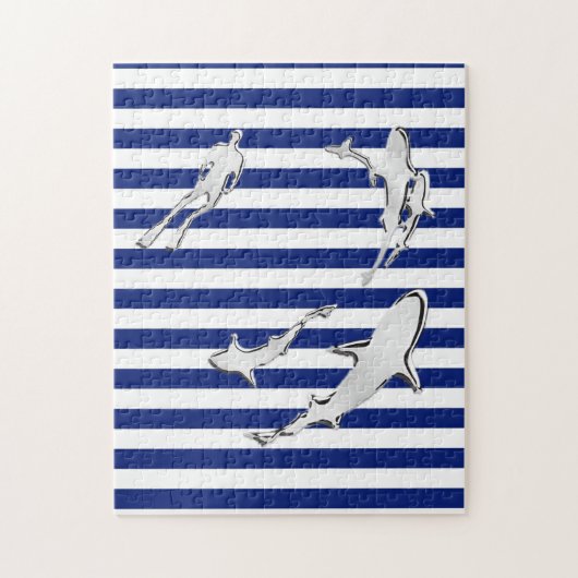 Chrome Like Diver and Sharks on Nautical Stripes Legpuzzel (Verticaal)