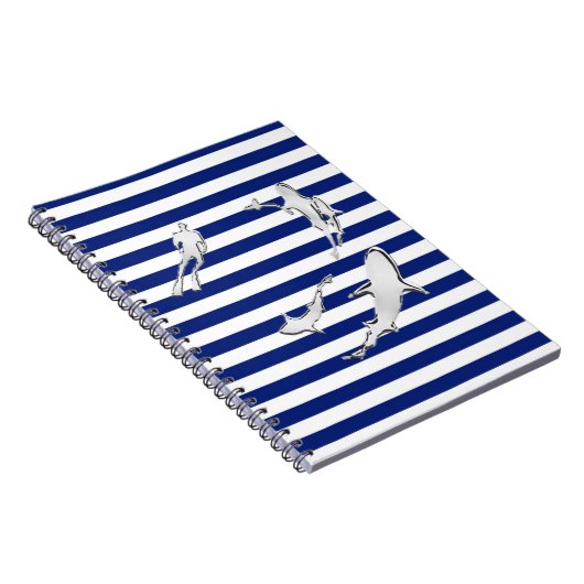 Chrome Like Diver and Sharks on Nautical Stripes Notitieboek (Rechterzijde)
