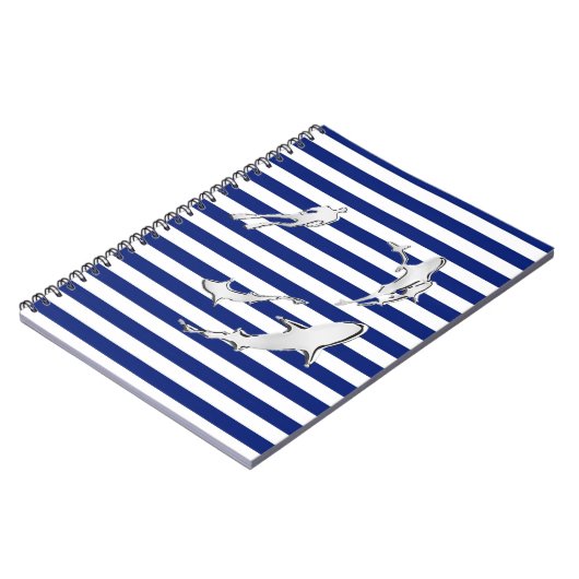 Chrome Like Diver and Sharks on Nautical Stripes Notitieboek (Linkerzijde)
