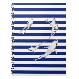 Chrome Like Diver and Sharks on Nautical Stripes Notitieboek
