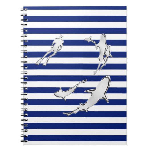 Chrome Like Diver and Sharks on Nautical Stripes Notitieboek (Voorkant)
