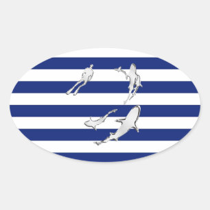Chrome Like Diver and Sharks on Nautical Stripes Ovale Sticker