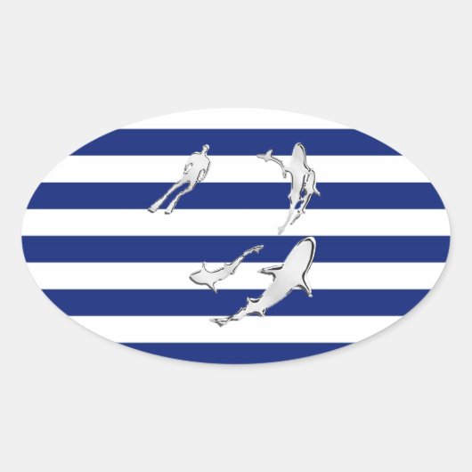 Chrome Like Diver and Sharks on Nautical Stripes Ovale Sticker (Voorkant)