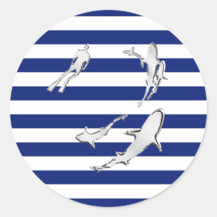 Chrome Like Diver and Sharks on Nautical Stripes Ronde Sticker
