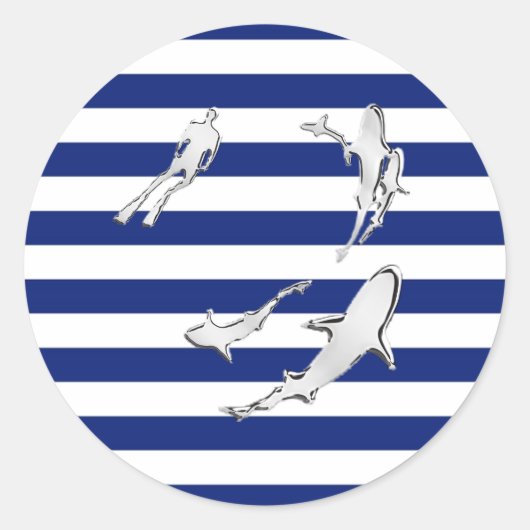 Chrome Like Diver and Sharks on Nautical Stripes Ronde Sticker (Voorkant)