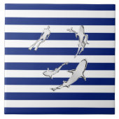Chrome Like Diver and Sharks on Nautical Stripes Tegeltje (Voorkant)