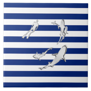 Chrome Like Diver and Sharks on Nautical Stripes Tegeltje