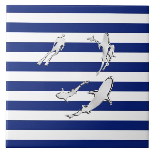 Chrome Like Diver and Sharks on Nautical Stripes Tegeltje (Voorkant)