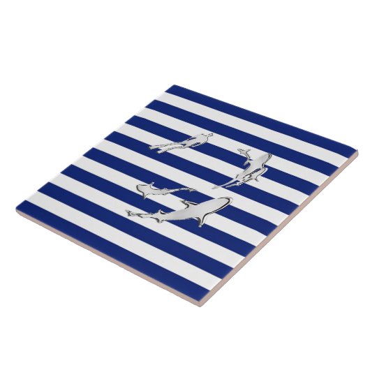 Chrome Like Diver and Sharks on Nautical Stripes Tegeltje (Zijkant)