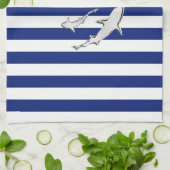 Chrome Like Diver and Sharks on Nautical Stripes Theedoek (Gevouwen)