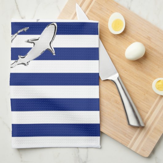 Chrome Like Diver and Sharks on Nautical Stripes Theedoek (Quarter Fold)