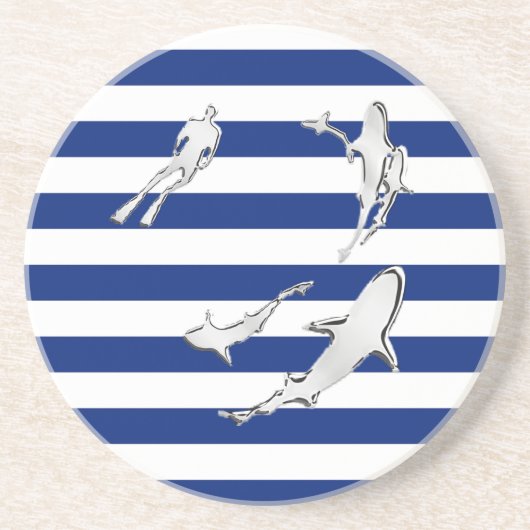 Chrome Like Diver and Sharks on Nautical Stripes Zandsteen Onderzetter (Voorkant)