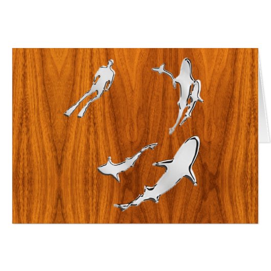 Chrome like Diver with Sharks on Teak Veneer (Voorkant Horizontaal)