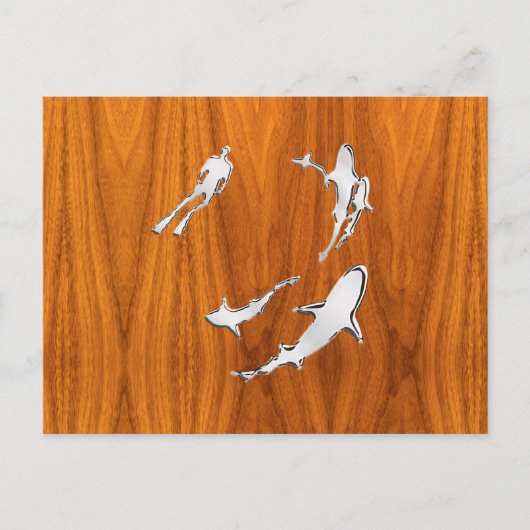 Chrome like Diver with Sharks on Teak Veneer Briefkaart (Voorkant)