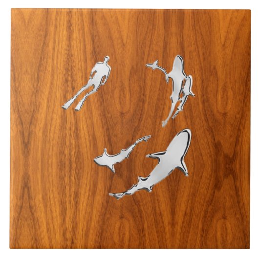 Chrome like Diver with Sharks on Teak Veneer Tegeltje (Voorkant)