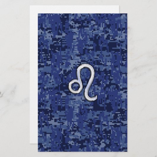 Chrome like Leo Sign on Navy Blue Digital Camo Briefpapier (Voorkant / Achterkant)